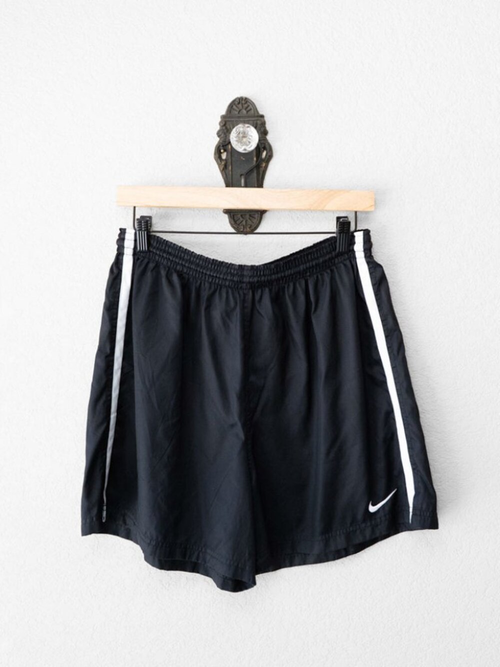 Vintage Nike Shorts Mens M Black White Stripe Nylon Running Athletic Y2K Swoosh
